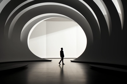 A person walking in a room with a white wall and a round archway