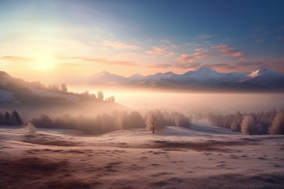 A snowy landscape with mountains and trees