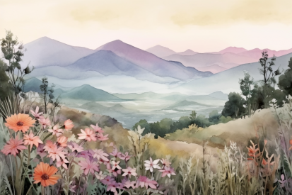 A watercolor painting of a landscape with mountains and flowers