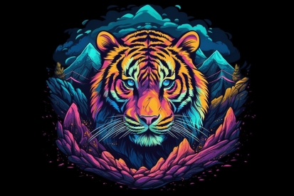 A colorful tiger in a mountain landscape
