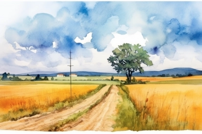 A watercolor of a dirt road through a field