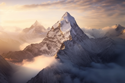 A mountain range with snow and clouds