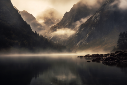 A lake with mountains and fog