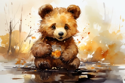 a watercolor of a bear holding a jar of food