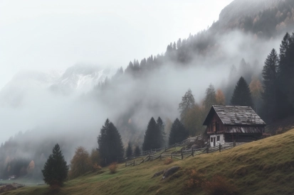 A house on a hill with trees and fog