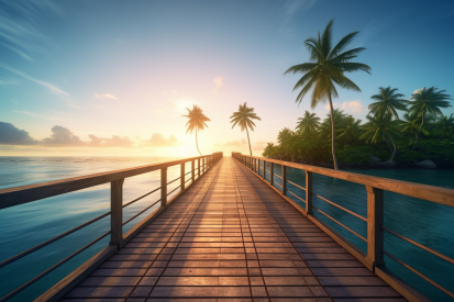 A wooden walkway with palm trees on the water
