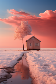 A house in a snowy field with a tree