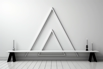 A white shelf with a triangle on the wall