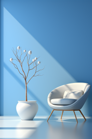 A white chair and a tree in a pot
