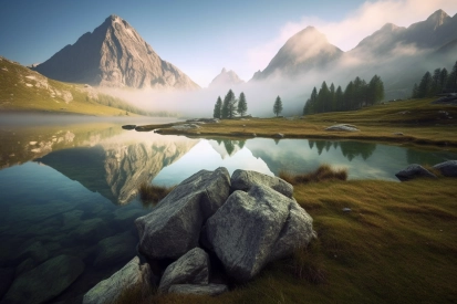 A lake with rocks and mountains in the background