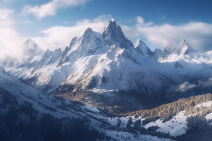 A snowy mountain range with trees and clouds