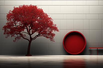 A tree with red leaves next to a round object
