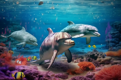 A group of dolphins swimming in the water