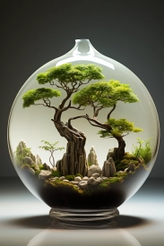A glass sphere with a tree and rocks inside
