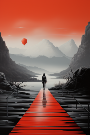 A person walking on a red path leading to a lake