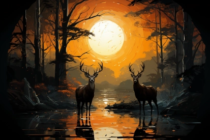 two deer standing in a river with a sunset behind them