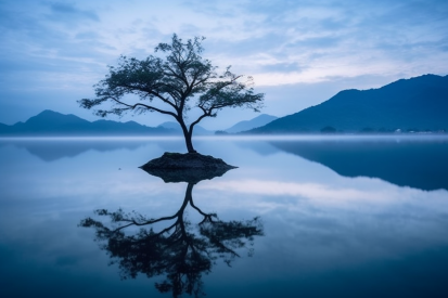 A tree on a small island in water