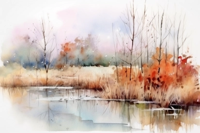 Watercolor painting of a marsh with trees and grass