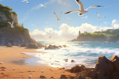 A beach with birds flying over the water