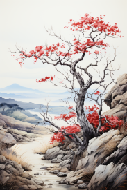 A tree with red flowers on a rocky hillside