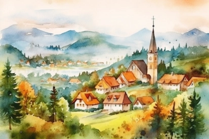 A watercolor painting of a village