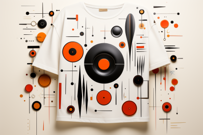 A white shirt with black and orange circles on it