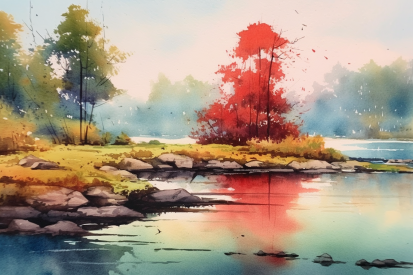 Watercolor painting of trees and rocks by a lake