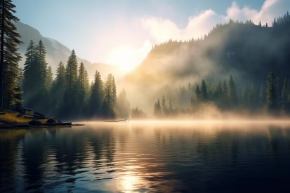 A lake with trees and fog in the background
