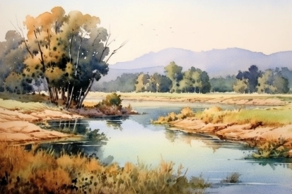 Watercolor of a river with trees and hills in the background