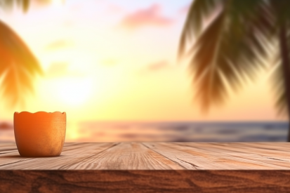 A wooden table with a cup on it