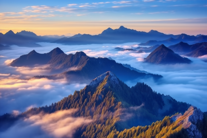 A mountain range with clouds and trees