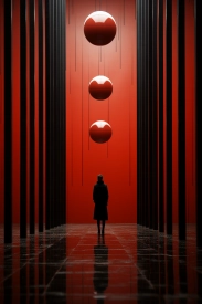 A person standing in a room with red walls and balls from the ceiling