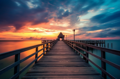 A wooden bridge leading to a building