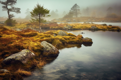 A body of water with rocks and trees