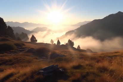 A sun shining through clouds over a mountain range