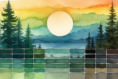 A watercolor painting of a landscape with a sun and trees