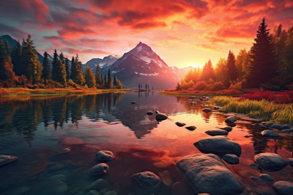 A river with rocks and trees in front of mountains