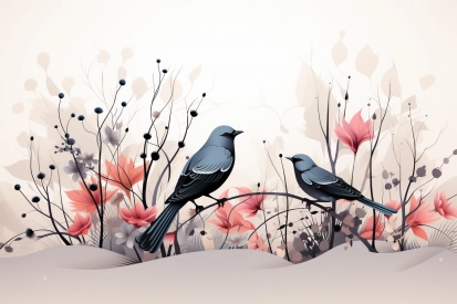 two birds sitting on a branch with flowers