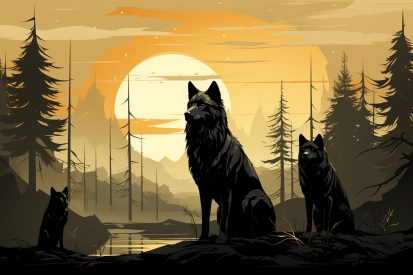 a couple of wolves sitting on a rock in front of a lake