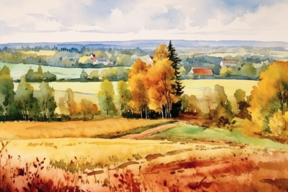 A watercolor of a landscape with trees and fields