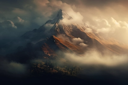 A mountain with clouds and trees