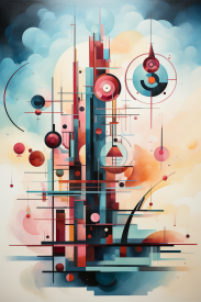 A painting of a tower with circles and lines