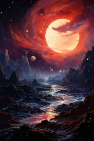 A landscape with a river and mountains and a bright moon