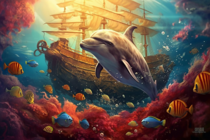 A dolphin swimming in the water with fish and a ship