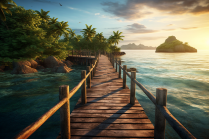 A wooden bridge over water with trees and rocks