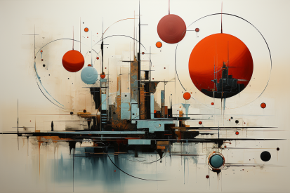 A painting of a city with red circles and lines