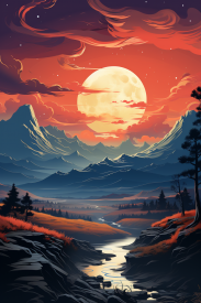 A landscape with mountains and trees and a moon