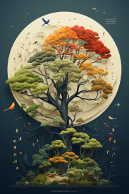 A tree with different colors of leaves and a moon