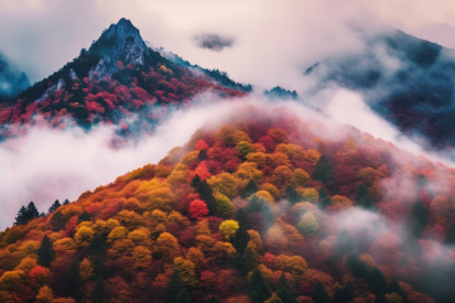 A mountain with colorful trees and fog
