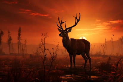 a deer standing in a field with a sunset